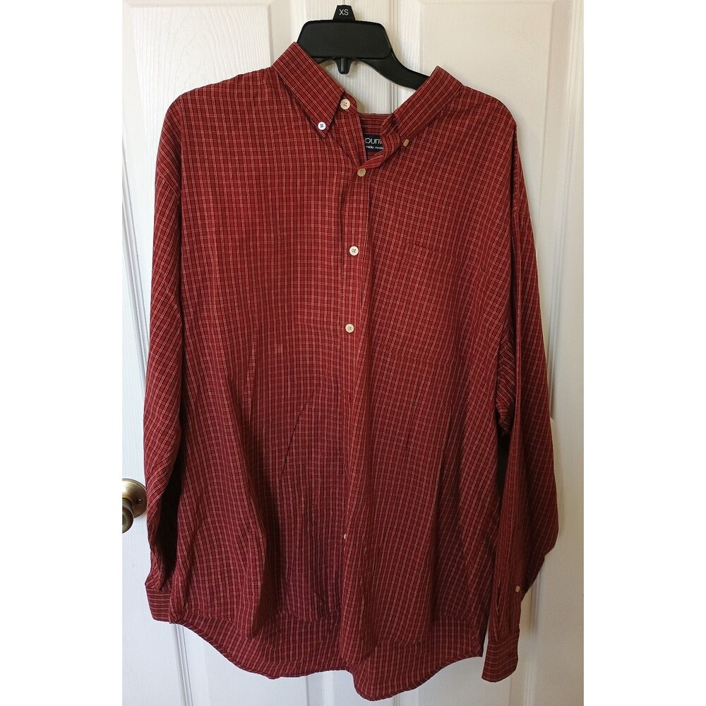 Puritan Easy Care Men’s Extra Large Plaid Button Shirt Maroon Long Sleeve XL